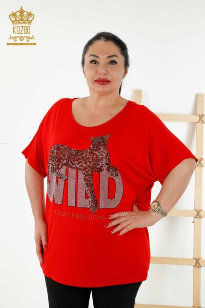 Wholesale Women's Blouse - Stone Embroidered - Red - 77713 | KAZEE - Thumbnail