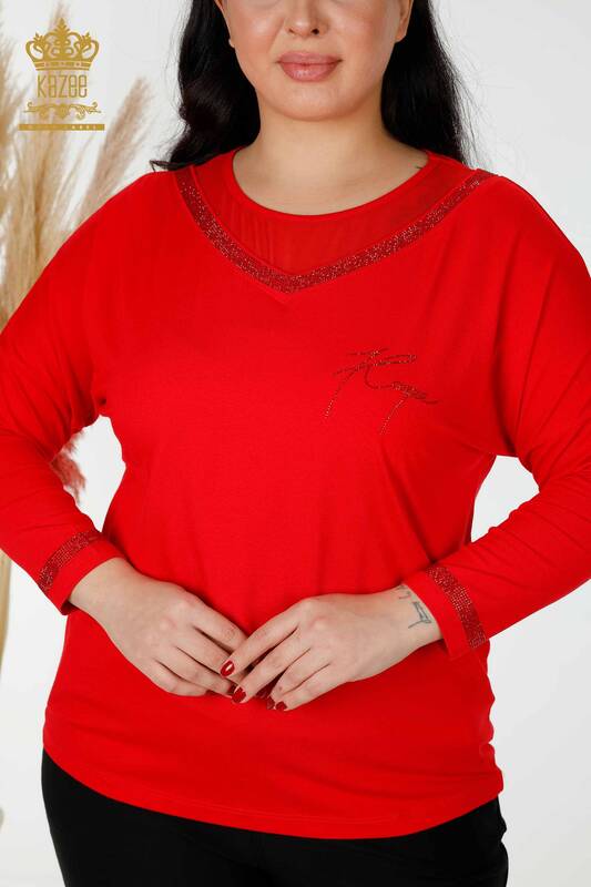 Wholesale Women's Blouse Stone Embroidered Red - 77870 | KAZEE