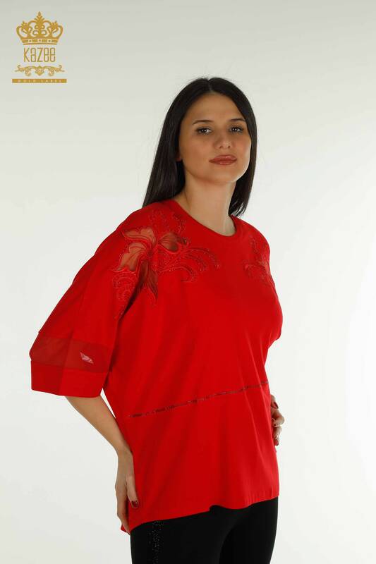 Wholesale Women's Blouse - Stone Embroidered - Red - 79057 | KAZEE