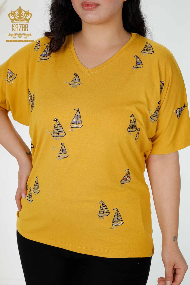 Wholesale Women's Blouse Stone Embroidered Saffron - 78936 | KAZEE - 2