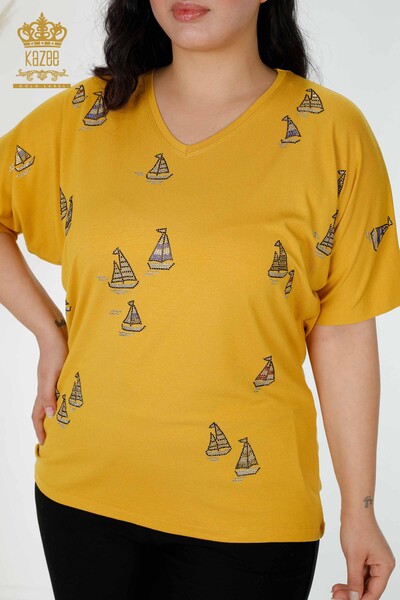 Wholesale Women's Blouse Stone Embroidered Saffron - 78936 | KAZEE - 2