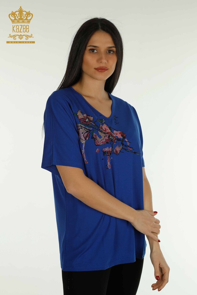Wholesale Women's Blouse Stone Embroidered Saks - 79107 | KAZEE - 1