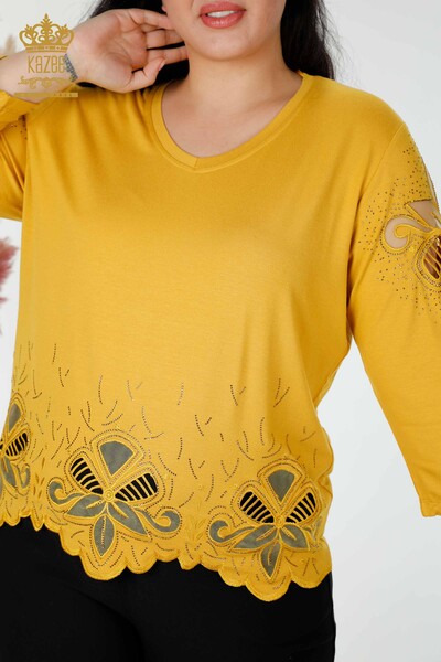Wholesale Women's Blouse Stone Embroidered Tulle Detailed V Neck Saffron - 77927 | KAZEE - Thumbnail