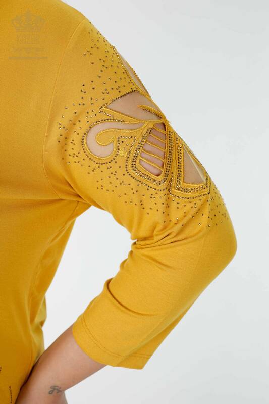 Wholesale Women's Blouse Stone Embroidered Tulle Detailed V Neck Saffron - 77927 | KAZEE