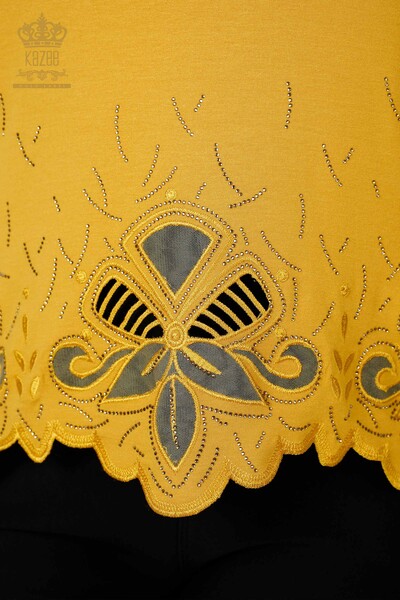 Wholesale Women's Blouse Stone Embroidered Tulle Detailed V Neck Saffron - 77927 | KAZEE - Thumbnail