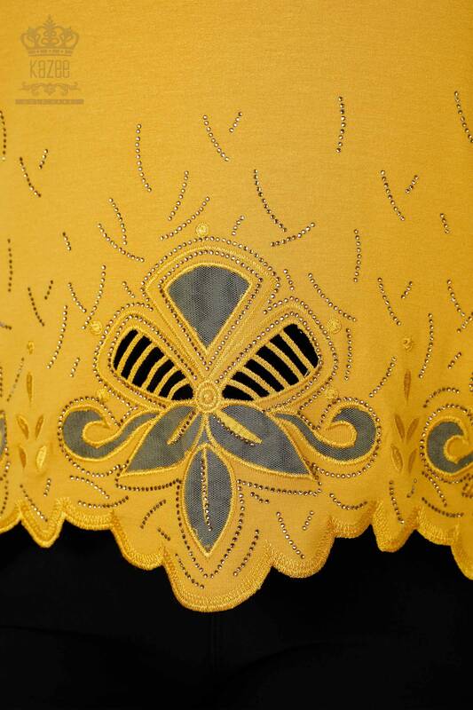 Wholesale Women's Blouse Stone Embroidered Tulle Detailed V Neck Saffron - 77927 | KAZEE