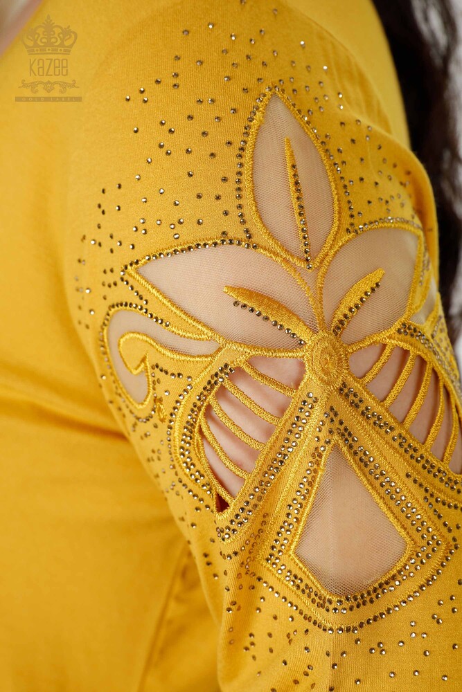 Wholesale Women's Blouse Stone Embroidered Tulle Detailed V Neck Saffron - 77927 | KAZEE - 6
