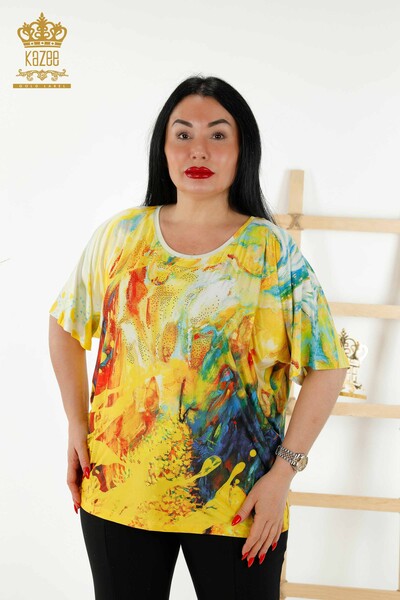 Wholesale Women's Blouse - Stone Embroidered - Yellow - 77000 | KAZEE - Thumbnail