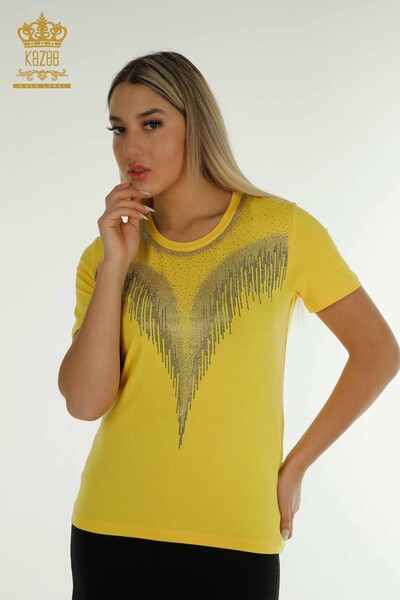 Wholesale Women's Blouse Stone Embroidered Yellow - 79348 | KAZEE - Thumbnail