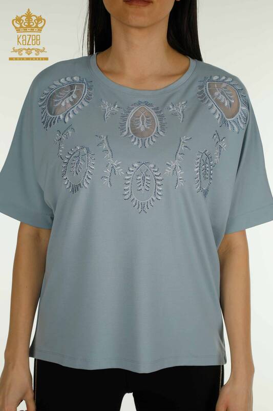 Wholesale Women's Blouse Blue with Stone Embroidery - 79556 | KAZEE