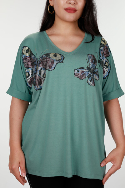Wholesale Women's Blouse With Stone Embroidery Butterfly Pattern - 77832 | KAZEE - Thumbnail