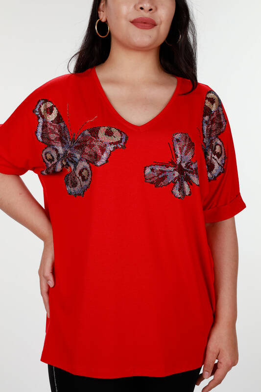 Wholesale Women's Blouse With Stone Embroidery Butterfly Pattern - 77832 | KAZEE