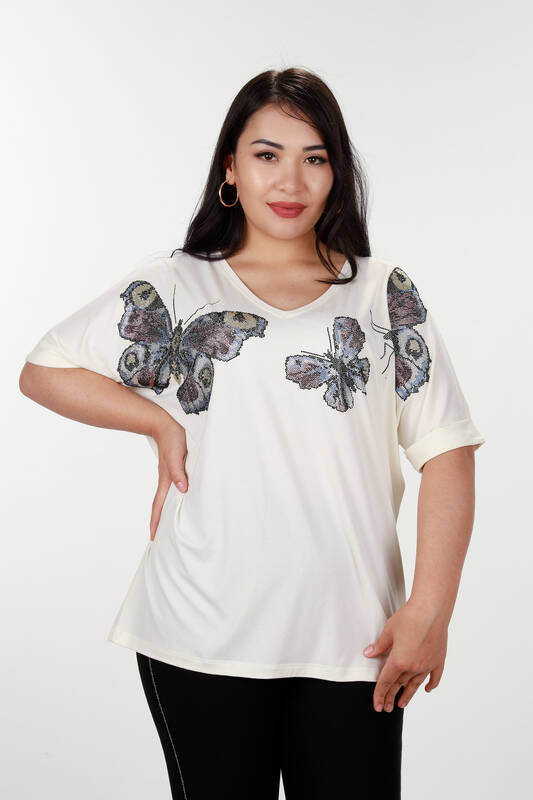 Wholesale Women's Blouse With Stone Embroidery Butterfly Pattern - 77832 | KAZEE