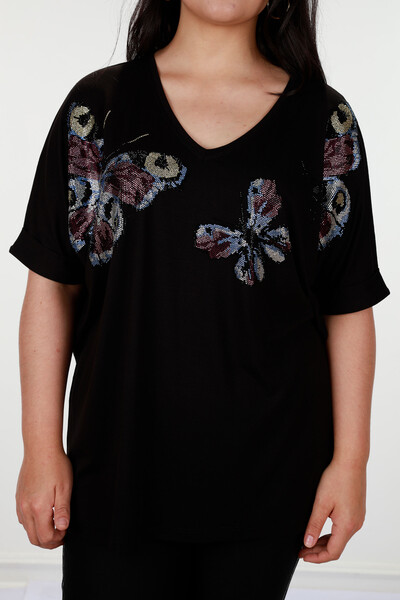 Wholesale Women's Blouse With Stone Embroidery Butterfly Pattern - 77832 | KAZEE - Thumbnail
