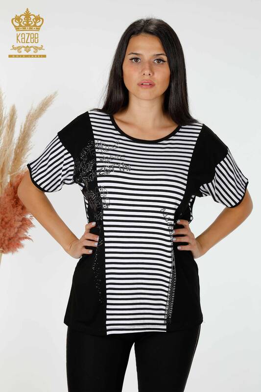 Wholesale Women's Blouse Striped Black - 77723 | KAZEE