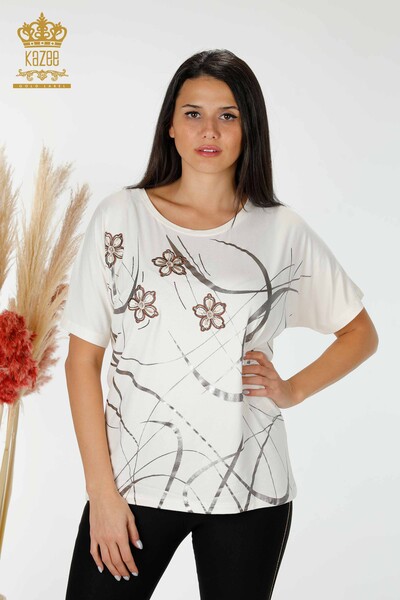 Wholesale Women's Blouse Striped Floral Ecru - 78894 | KAZEE - Thumbnail