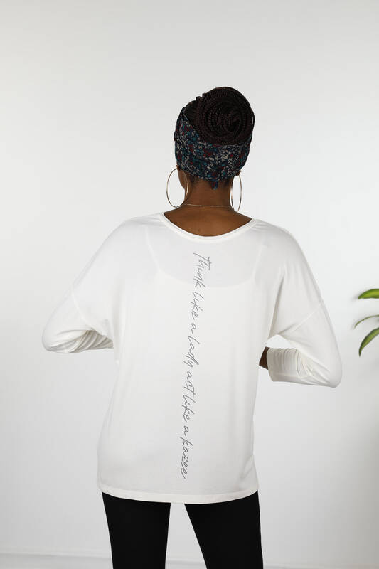 Wholesale Women's Blouses Long Sleeve Crew Neck Lettering - 77962 | KAZEE