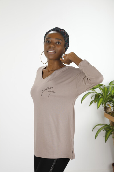 Wholesale Women's Blouses Long Sleeve Crew Neck Lettering - 77962 | KAZEE - Thumbnail