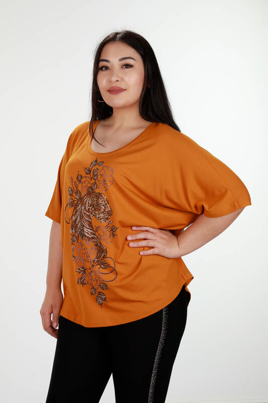 Wholesale Women's Blouse With Tiger and Flower Figured Stones - 78840 | KAZEE