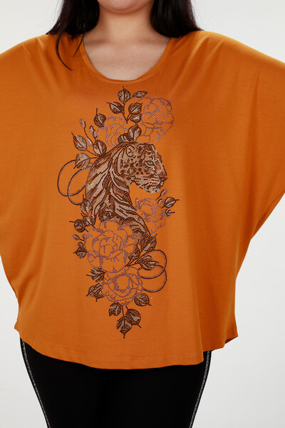 Wholesale Women's Blouse With Tiger and Flower Figured Stones - 78840 | KAZEE - Thumbnail