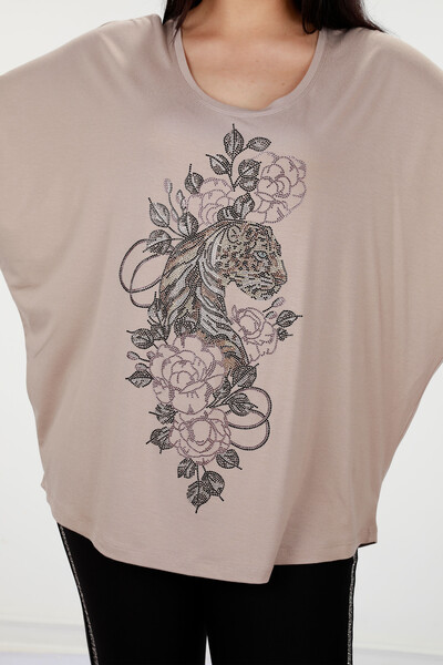 Wholesale Women's Blouse With Tiger and Flower Figured Stones - 78840 | KAZEE - Thumbnail