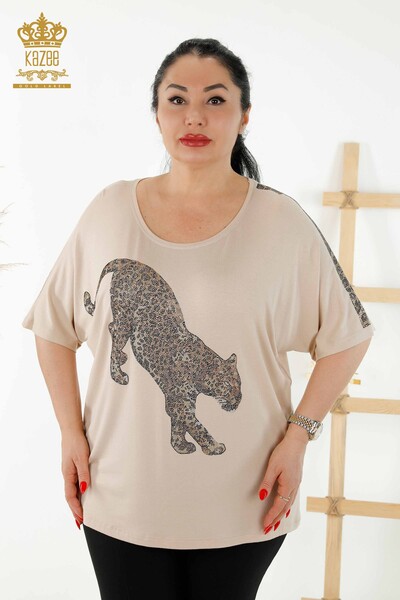 Wholesale Women's Blouse - Tiger Detail - Beige - 77683 | KAZEE - Thumbnail