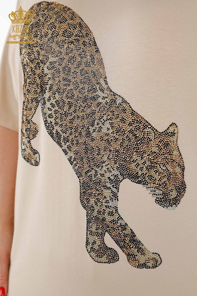 Wholesale Women's Blouse - Tiger Detail - Beige - 77683 | KAZEE - 3