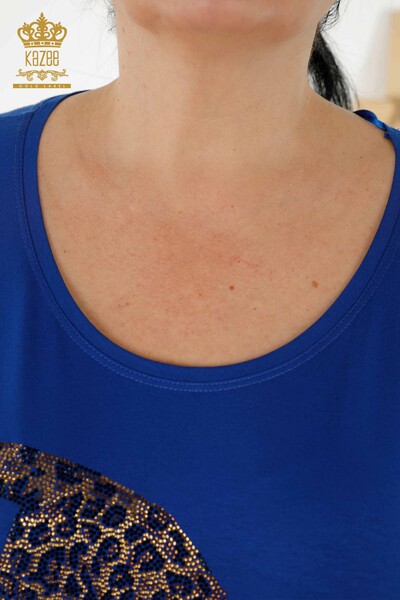 Wholesale Women's Blouse - Tiger Detail - Dark Blue - 77683 | KAZEE - Thumbnail