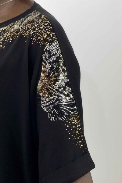 Wholesale Women's Blouse With Tiger Detail Stone Embroidery - 77592 | KAZEE - Thumbnail