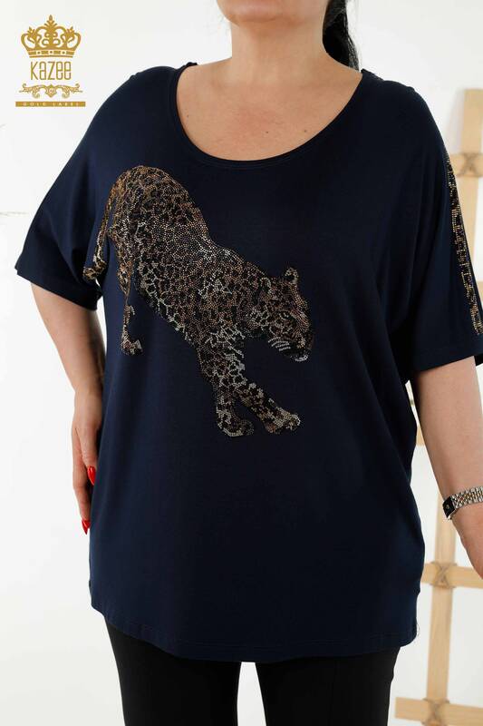 Wholesale Women's Blouse - Tiger Detail - Navy Blue - 77683 | KAZEE