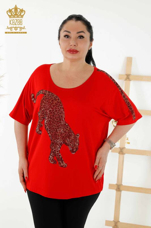 Wholesale Women's Blouse - Tiger Detail - Red - 77683 | KAZEE