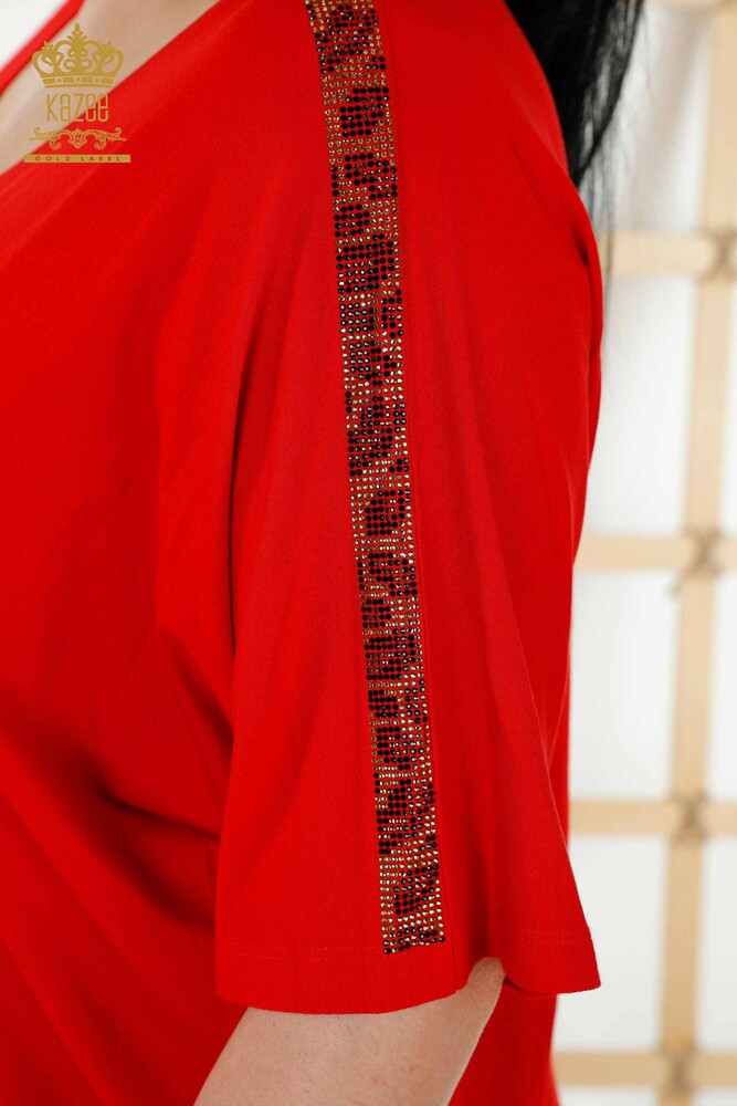 Wholesale Women's Blouse - Tiger Detail - Red - 77683 | KAZEE - 5