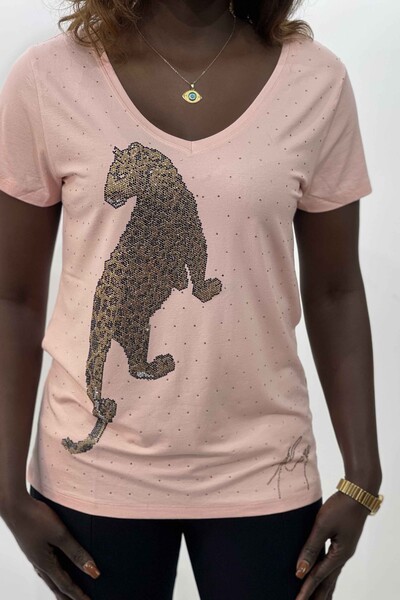 Wholesale Women's Blouse With Tiger Pattern Beaded Kazee Logo - 77608 | KAZEE - Thumbnail