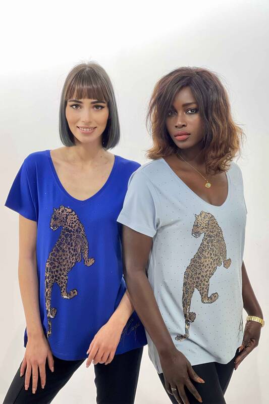 Wholesale Women's Blouse With Tiger Pattern Beaded Kazee Logo - 77608 | KAZEE