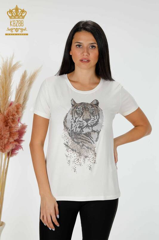 Wholesale Women's Blouse Tiger Pattern Ecru - 78928 | KAZEE