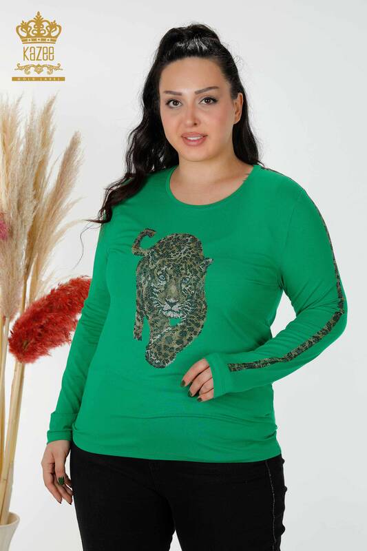 Wholesale Women's Blouse Tiger Pattern Green - 79050 | KAZEE
