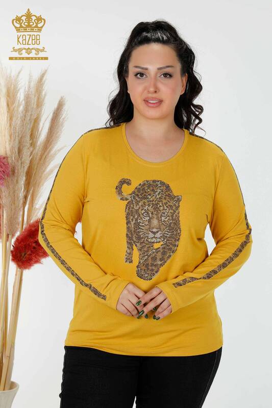 Wholesale Women's Blouse Tiger Pattern Saffron - 79050 | KAZEE