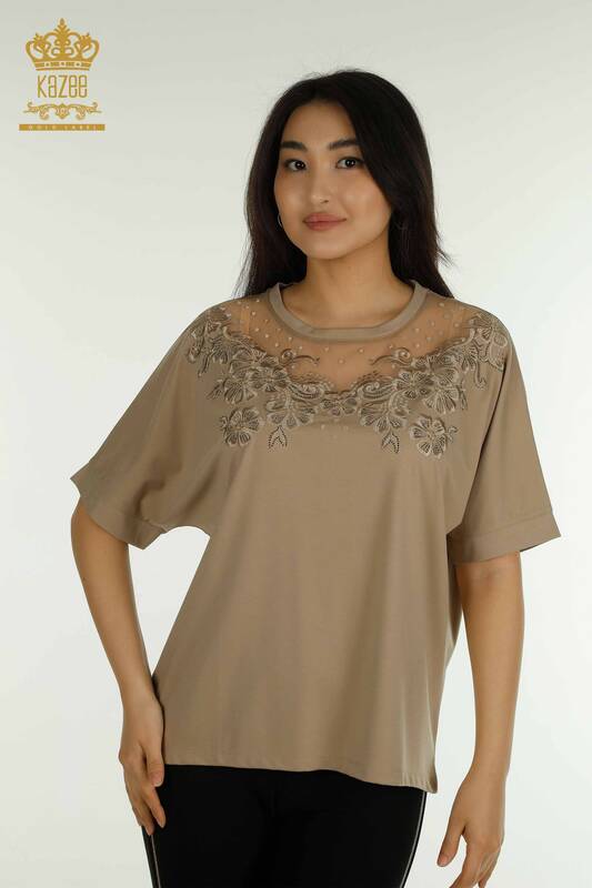 Wholesale Women's Blouse with Tulle Detail Beige - 79500 | KAZEE