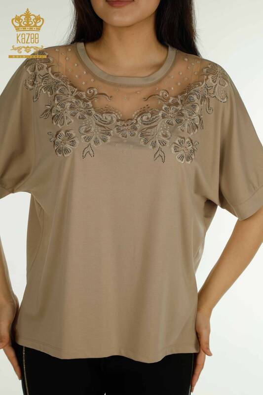 Wholesale Women's Blouse with Tulle Detail Beige - 79500 | KAZEE