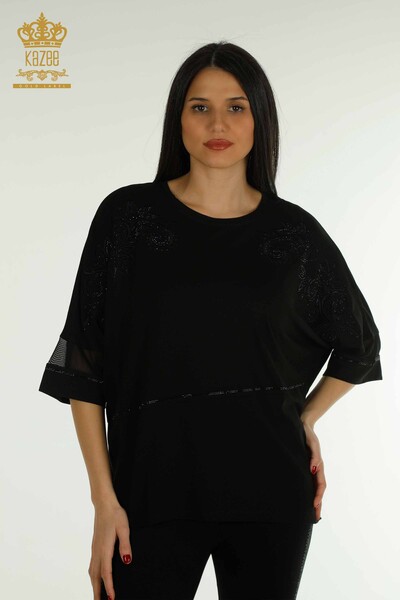 Wholesale Women's Blouse Tulle Detailed Black - 79051 | KAZEE - Thumbnail