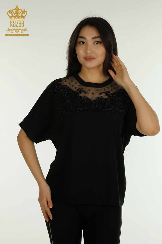 Wholesale Women's Blouse with Tulle Detail Black - 79500 | KAZEE