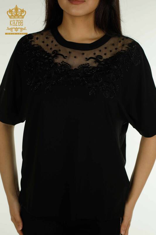 Wholesale Women's Blouse with Tulle Detail Black - 79500 | KAZEE