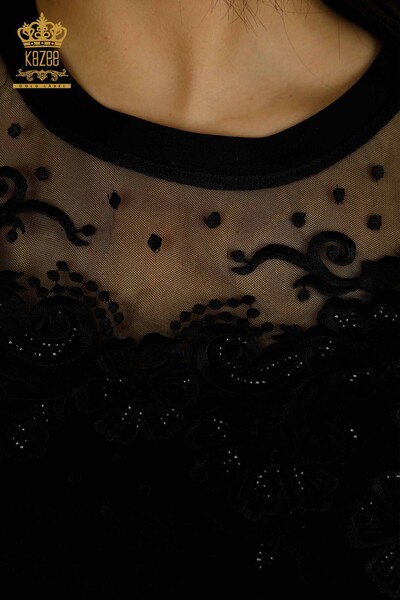 Wholesale Women's Blouse with Tulle Detail Black - 79500 | KAZEE - Thumbnail (2)