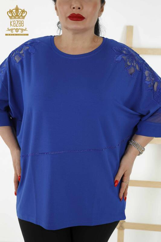 Wholesale Women's Blouse - Tulle Detailed - Dark Blue - 79065 | KAZEE