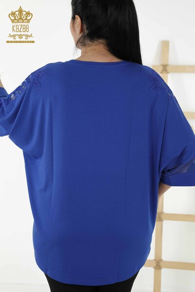 Wholesale Women's Blouse - Tulle Detailed - Dark Blue - 79065 | KAZEE - Thumbnail
