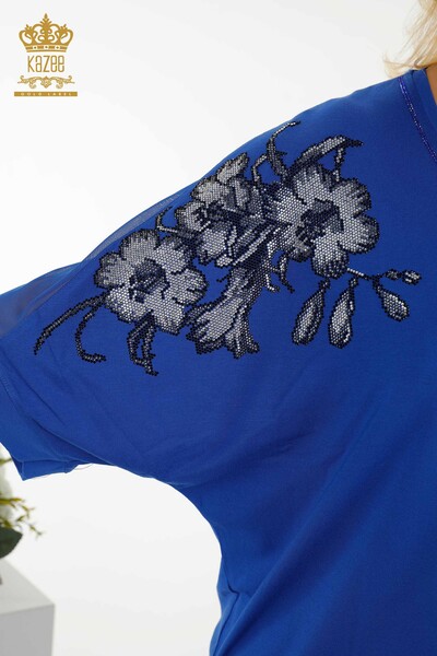 Wholesale Women's Blouse Tulle Detailed Dark Blue - 79096 | KAZEE - Thumbnail