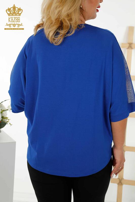 Wholesale Women's Blouse Tulle Detailed Dark Blue - 79096 | KAZEE
