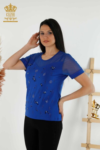 Wholesale Women's Blouse - Tulle Detailed - Dark Blue - 79133 | KAZEE - Thumbnail