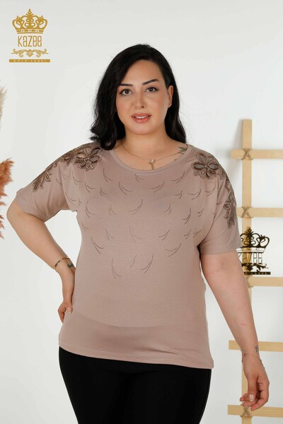 Wholesale Women's Blouse - Tulle Detailed - Mink - 79086 | KAZEE 