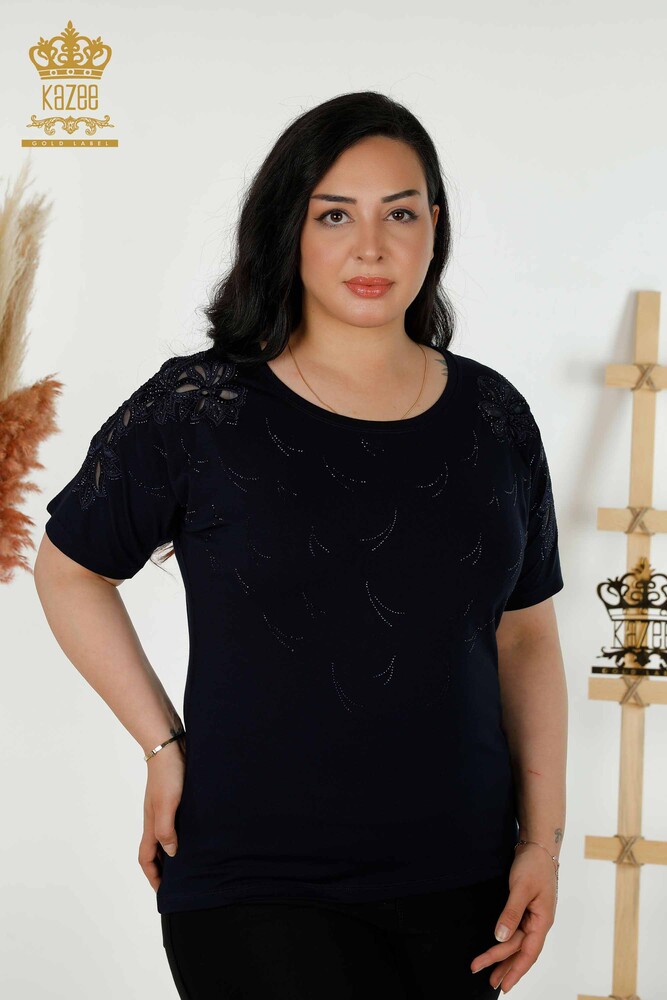 Wholesale Women's Blouse - Tulle Detailed - Navy Blue - 79086 | KAZEE - 1